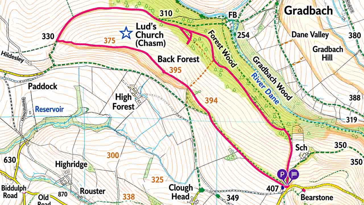 Trazado del recorrido circular entre Gradbach y la grieta de Lud's Church en el Parque Nacional del Peak District